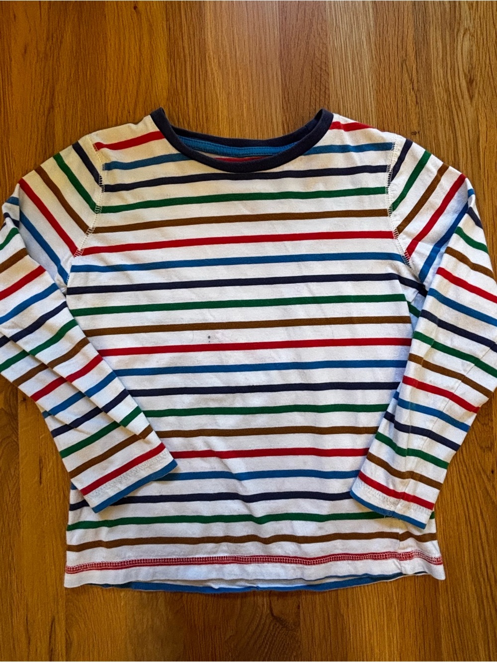 Mini Boden White Long-Sleeve Tee with Navy, Red, Green, Brown & Blue Stripes